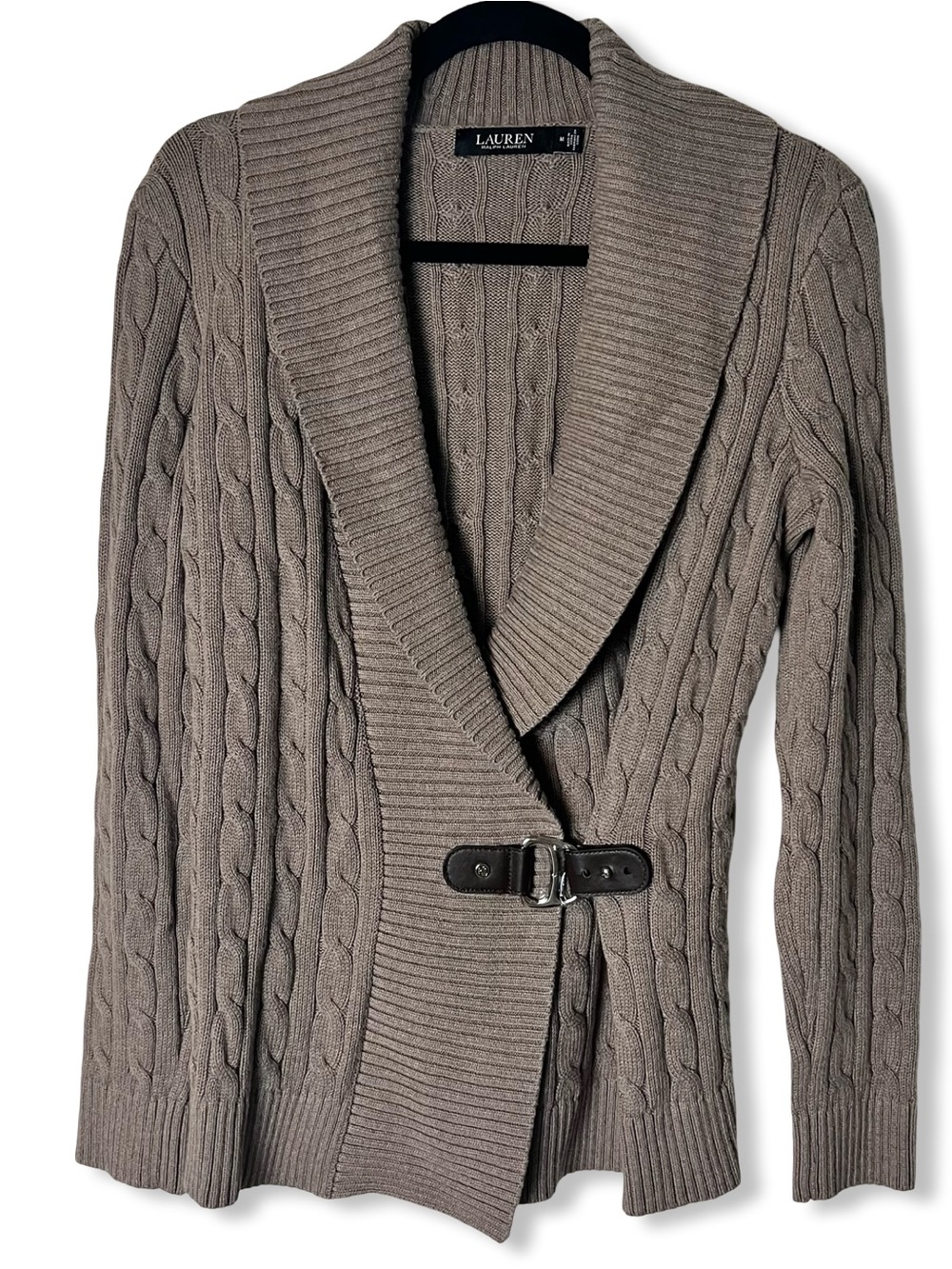 Lauren Ralph Lauren Womens Cable Knit Shawl Collar Buckle Cardigan Sweater Sz. M